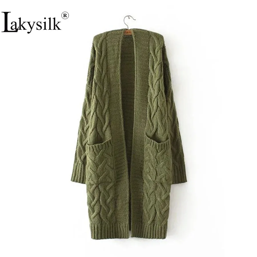 

[Lakysilk] Solid Color Plus Size Cotton Women's Sweaters Green Thicken Long V-Neck Casual Lady's Cardigans Knitted Autumn Tops