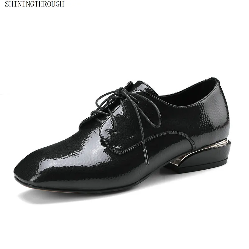

Women Genuine Leather low Heel Shoes Women Lace Up Thick Heel Pumps British Style Women Footwears Size 34-42