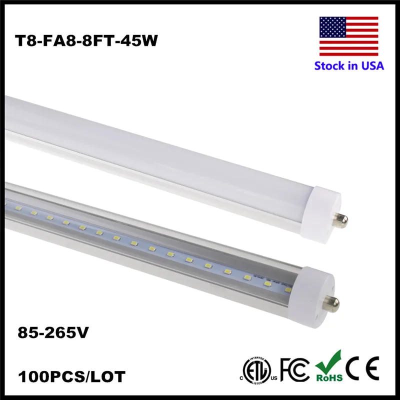 

LED 8feet 8ft FA8 Tube Single Pin 45W LED Tubes Light Repalcement LED Fluorescent Tube Lamp 2400MM SMD2835 AC85-265V Stock In US