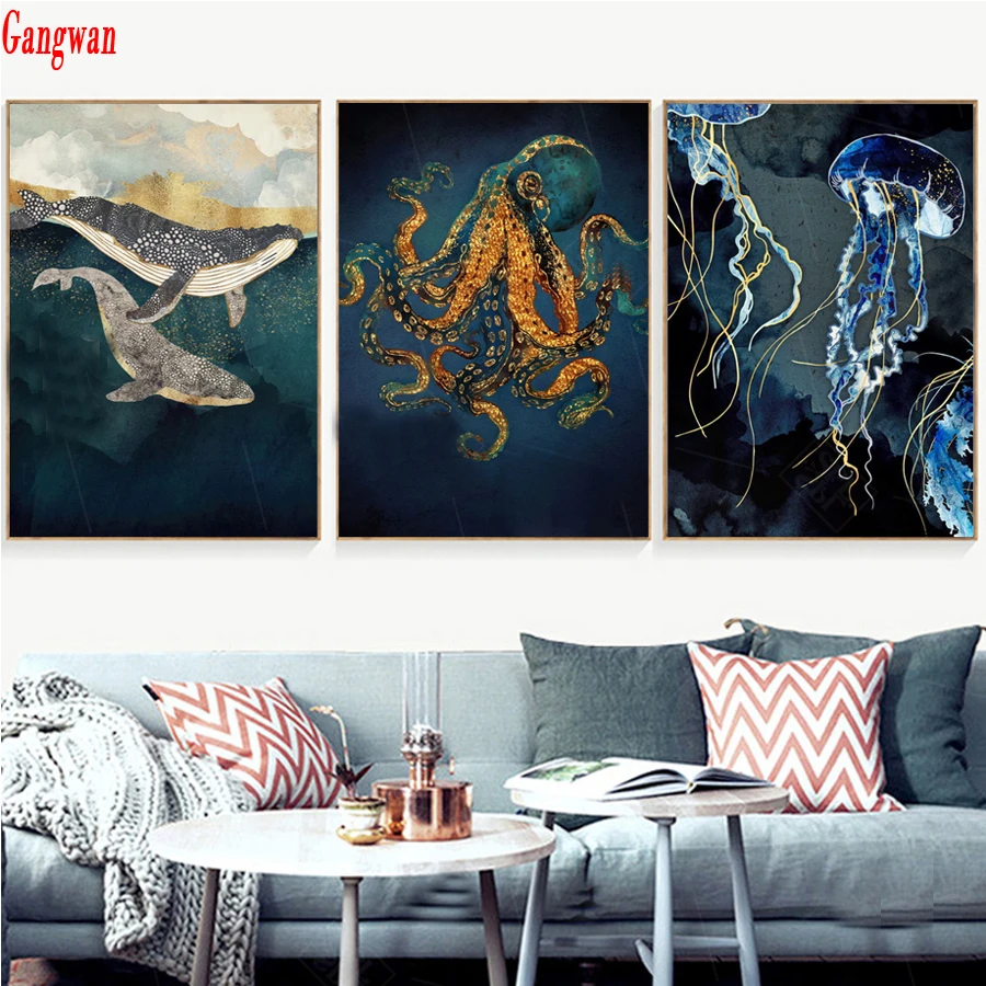 Abstract Sunrise Landscape diamond Painting Watercolor Animals Whale Jellyfish 3d picture of rhinestone embroidery mosaic 3 pcs decor