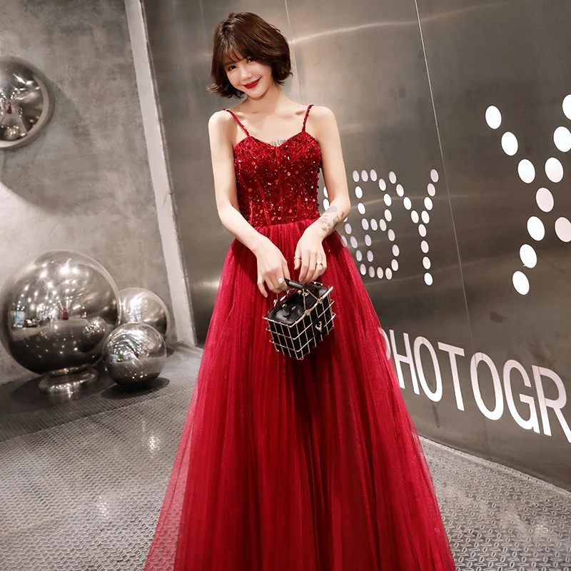 Formal Evening Dress 2019 New Elegant Wine Red Sexy Prom Spaghetti Strap Backless Beaded Sequins Party Dresses | Свадьбы и торжества