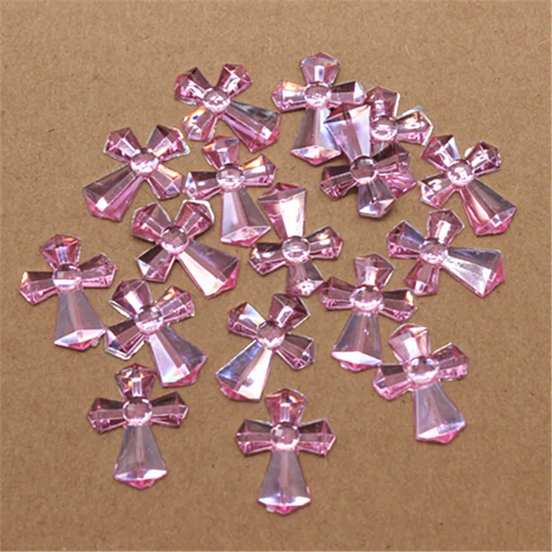 

14*18mm 100pcs/lot Kawaii Pink Acrylic Rhinestone Cross Charm DIY Christening Communion Baby Shower decoration scrapbooking