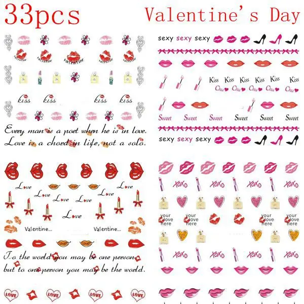 

NEW 33pcs Valentine's Day Nail Stickers Sexy Kiss Lips Nail Decals Wraps Water Transfers Party Favor