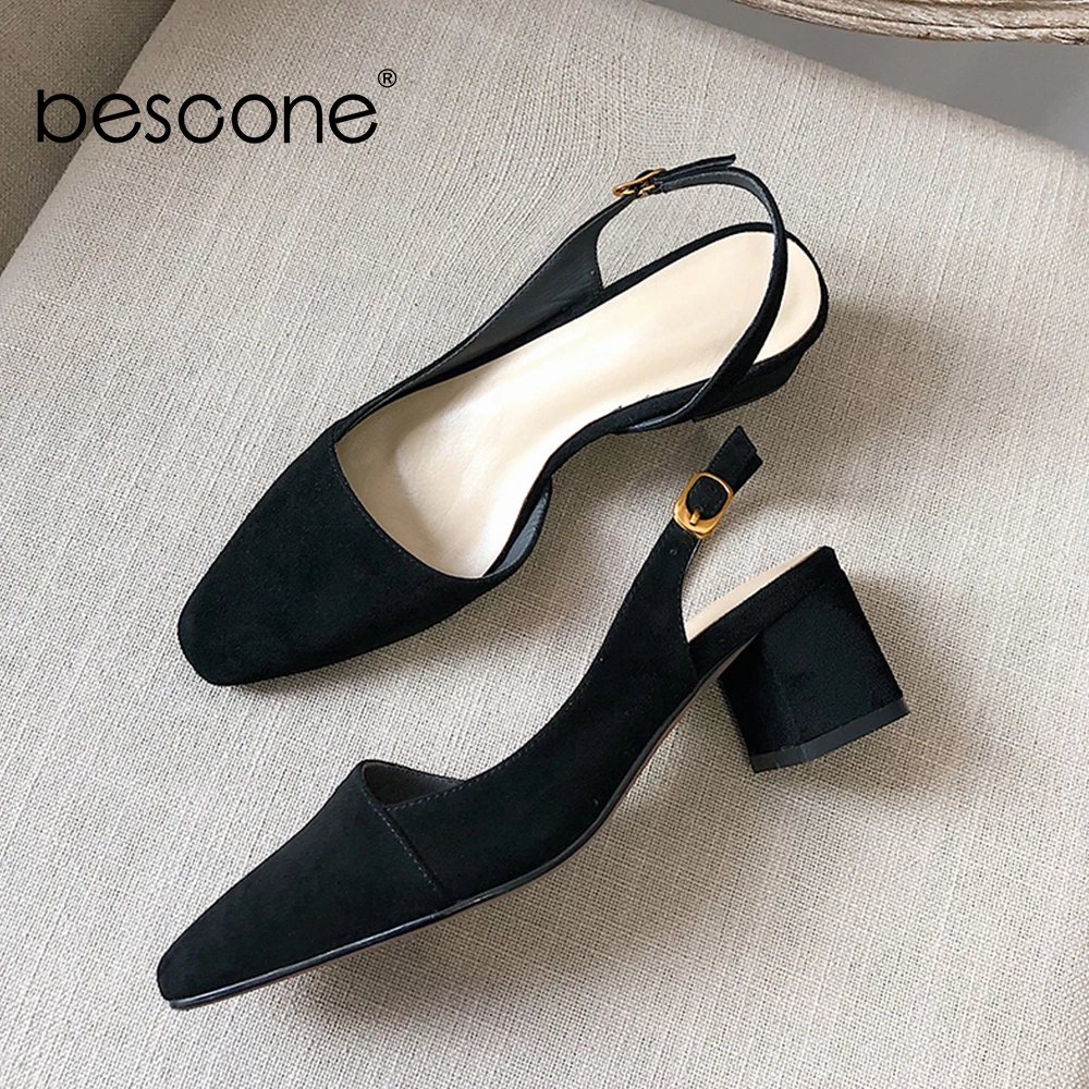 

BESCONE Elegant Women Sandals High Quality Kid Suede Buckle Dress Outside Shoes 5cm High Square Heels Summer Lady Sandals BO130