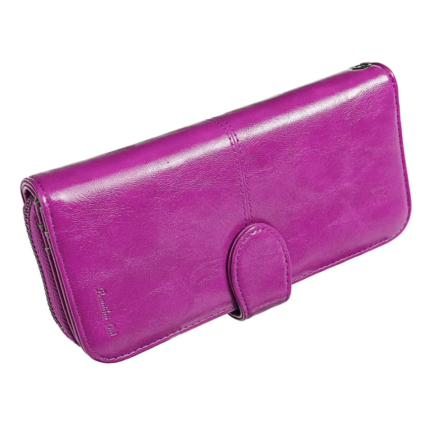 

Women Long Strap Button Leather Wallet with Purse Around Solid Synthetic Clutch Holder Zipper Card and