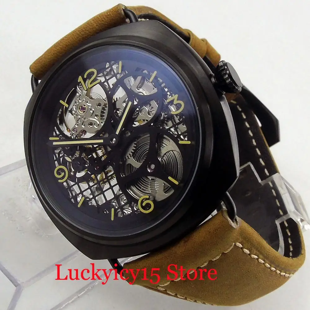 

Special Design 47mm PVD Mechanical Hand Winding Men's Watch Camel Strap Hollow Complex Dial