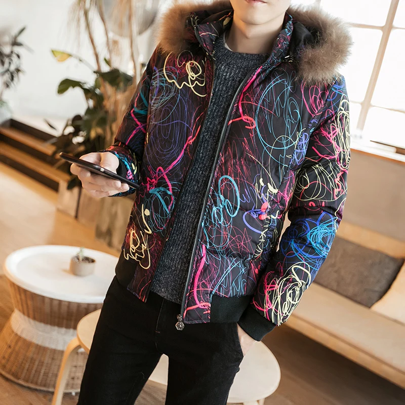 Geometric Parka Men Christmas Hooded Jackets Fur Hooded Bomber Jacket