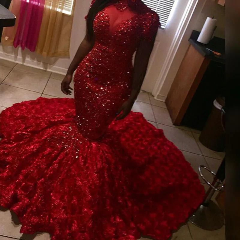

Gorgeous Beads Red Prom Dresses Mermaid High Neck Long Sleeves 3D Floral Sweep Train Evening Gowns Plus Size Red Carpet Dresses
