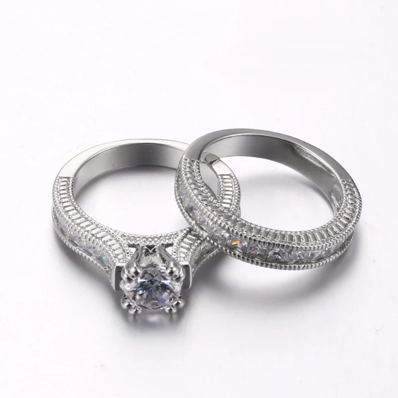 Double Fair New White Gold Color Wedding Ring Set For Women Fashion Jewelry Square Cut CZ Stone Around Rings For Finger DFDD023