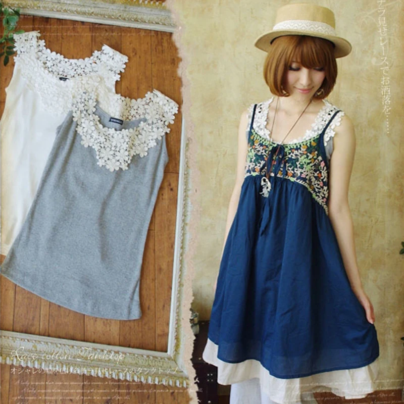 

Japanese Summer Cute Mori Girl Lovely Tank Tops Women's Lace Petal Hollow Vest Solid Sleeveless Cotton Bottoming Tank Tops T206