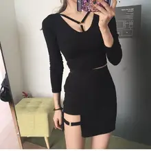 Женская Эротичная миниюбка с вырезами, асимметричное металлическое кольцо, украшение, необычный дизайн, женская черная юбка