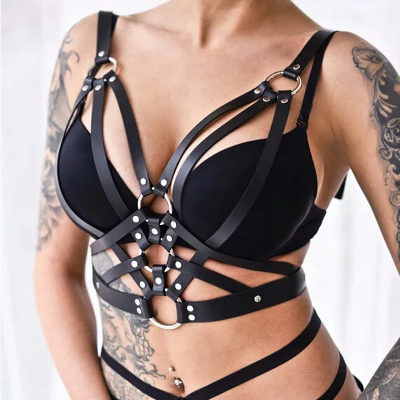 

Handmade Punk Gothic Top Bra Leather Women Harness Criss Cross Caged Waist Belted Harness Suspender Straps