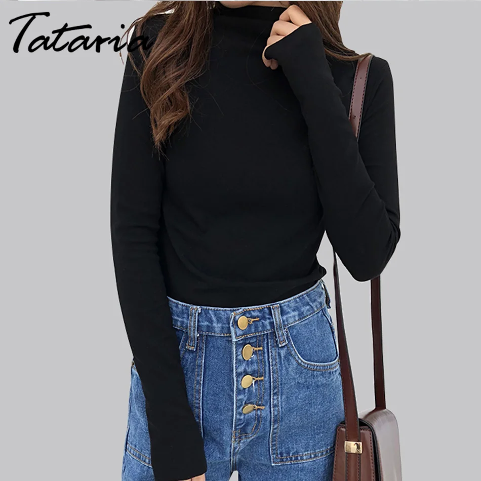 Tataria, цветная Базовая водолазка, Женская хлопковая футболка, тонкая, длинный рукав, футболки для женщин, весна размера плюс, женская футболка