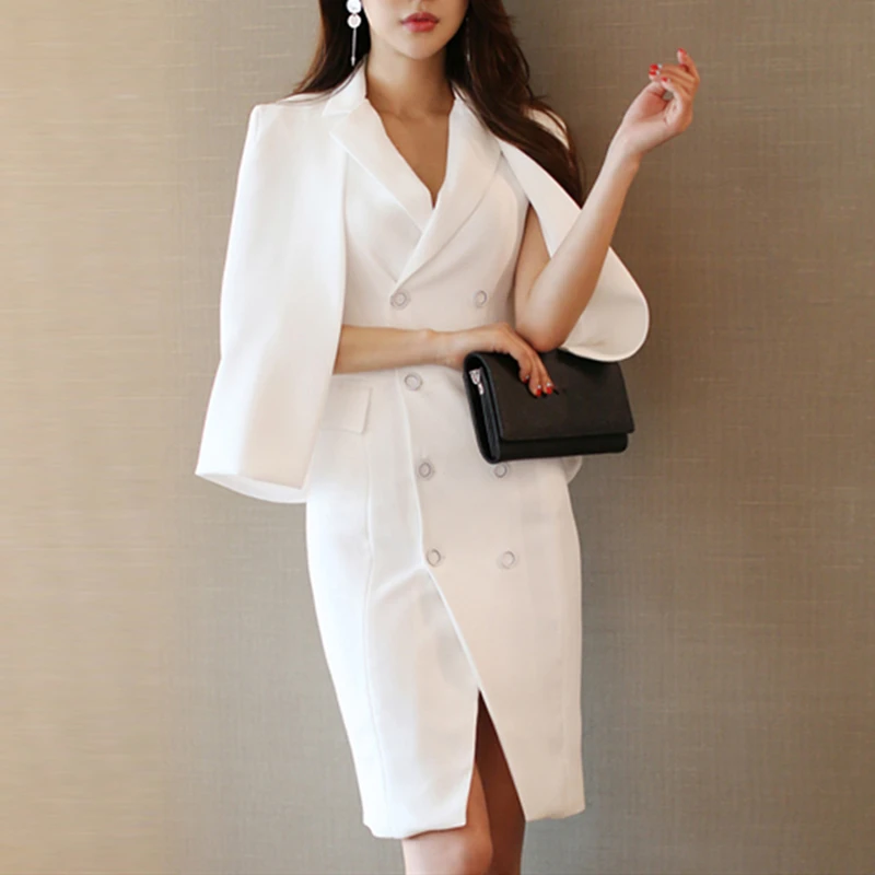 

MVGIRLRU Office Lady Cloak Dress 2 Piece Set Long Sleeve Shawl Sleeveless Double Breasted Dresses Suits