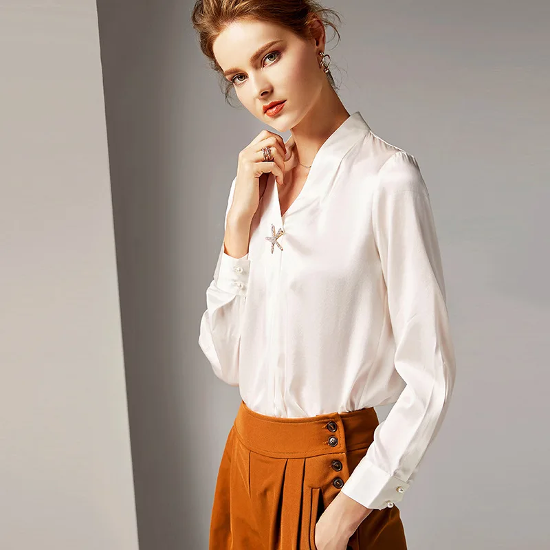 

R10100 New Fashion 2019 Spring Clothes New V-neck Long Sleeve Retro Satin Shirt Women Slim Pure Silk Blouse