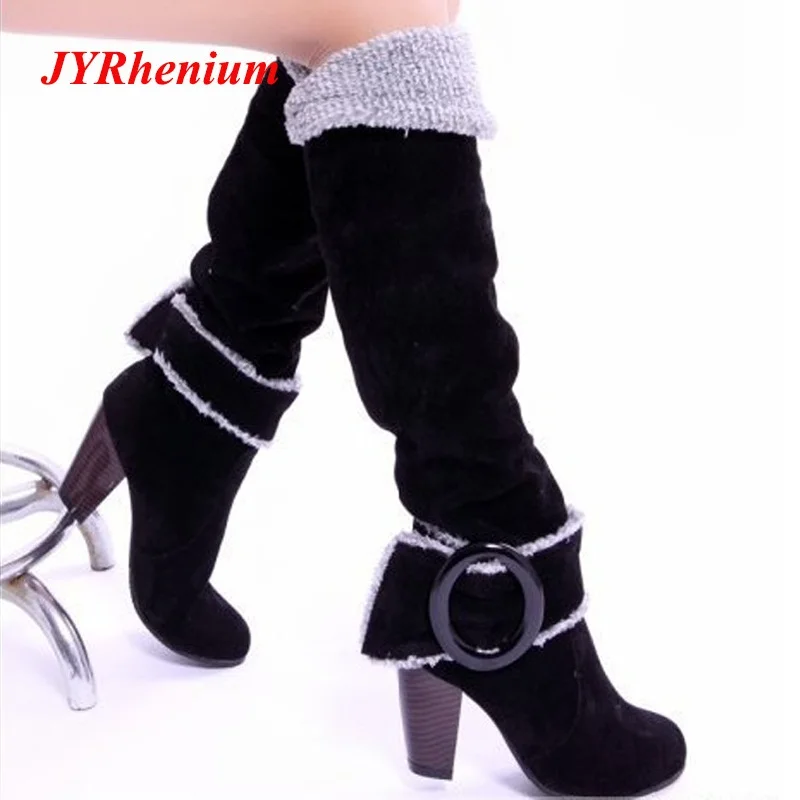 

JYRhenium 2018 New Women Knee High Snow Boots Sexy High Heels Winter Women Shoes Warm Long Booties Botas Mujer Plus Size 34-43