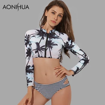 

AONIHUA Palm print two piece swimsuit women Front zipper swimwear summer beach sun-resistant long sleeve swimming suit 1986