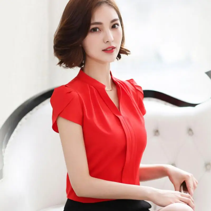 New Summer Women's Clothing Fashion Lady Korean Version Short Sleeve Chiffon Shirt Slim Plus Size V Collar Tops |