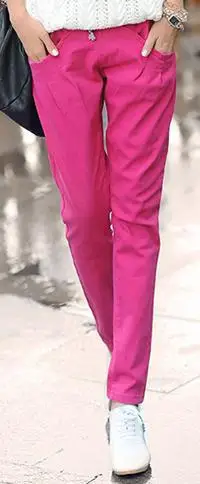 Новинка; Хлопковые Штаны-шаровары с эластичной резинкой на талии; джинсы; повседневные брюки; женские узкие брюки ярких цветов - Цвет: Розовый