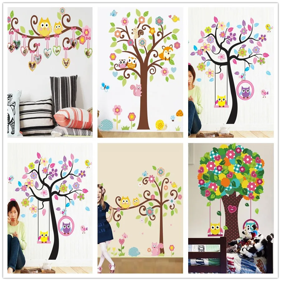 3d Cartoon Owls Wall Stickers Kids Bedroom Decorations Nursery Cartoon Children Girls Home Decals Animals Tree Mural Arts Tree Mural Owl Wall Stickerkids Bedroom Decor Aliexpress