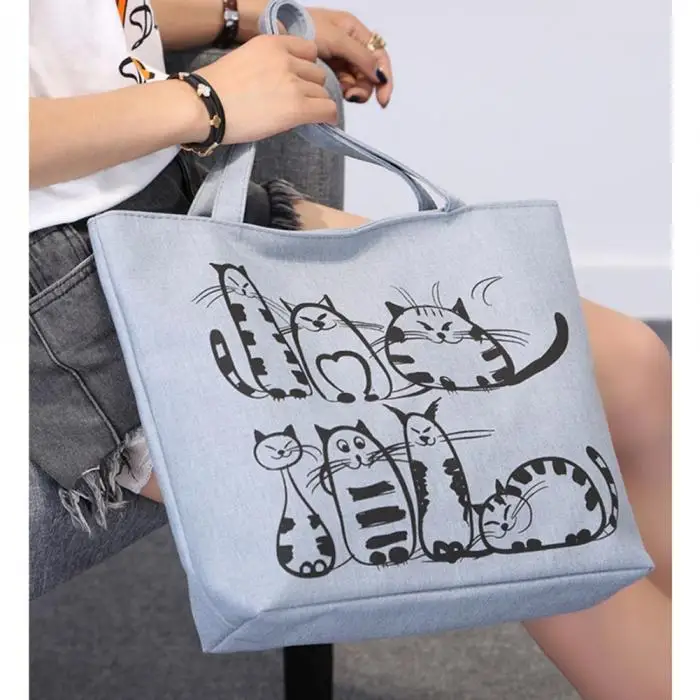 Большие вместительные сумки для женщин с милым принтом кота из мультфильма, Холщовая Сумка на плечо на молнии, повседневная сумка-тоут, хозяйственные сумки хараджуку, Bolsas OH66