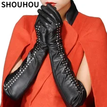 SHOUHOU женские зимние Перчатки натуральная перчатки из овечьей кожи с модными заклепками; на Рождество и День благодарения Для девочек женские сенсорный экран Перчатки