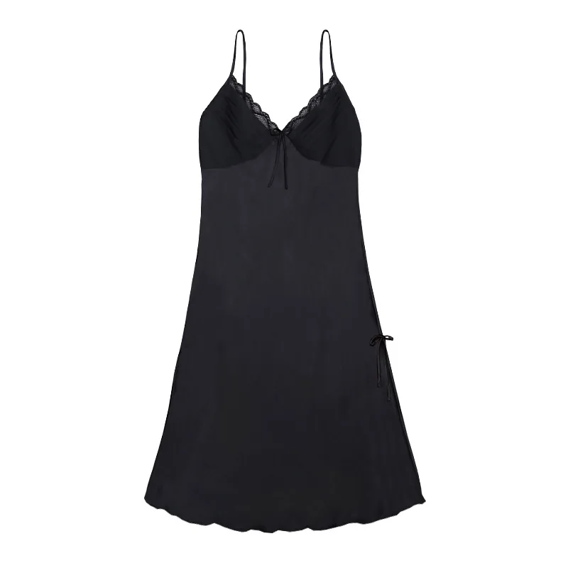 Женское сексуальное атласное шелковое Ночное платье без рукавов, ночная рубашка с v-образным вырезом и бантом, длинная ночная рубашка, кружевное Ночное платье для женщин, vestido