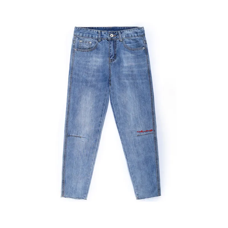 Mom Jeans Light Blue Cargo Pants 2019 New Spring Summer Korean Loose Ankle-length Jeans High Waist Straight Women Jeans JD22
