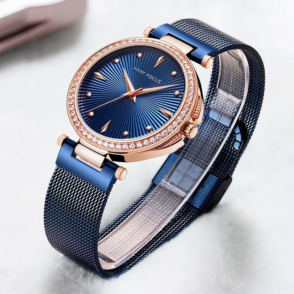 MINI FOCUS Women's Quartz Watches 3 Bar Waterproof Wrist Watch for Woman Lady Relogios Femininos Clock Blue Mesh Band MF0194L.01
