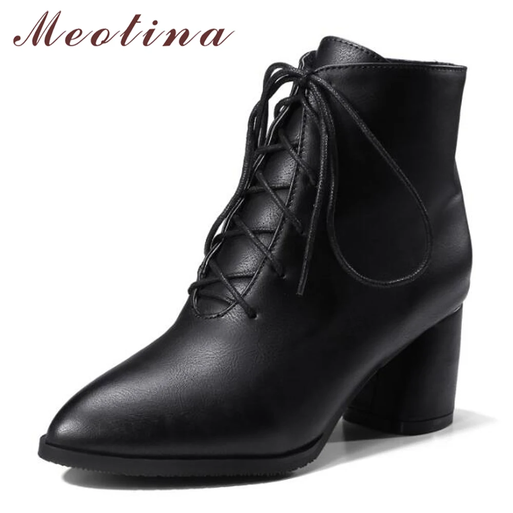 Meotina Ankle Boots For Women High Heels Winter Shoes Lace