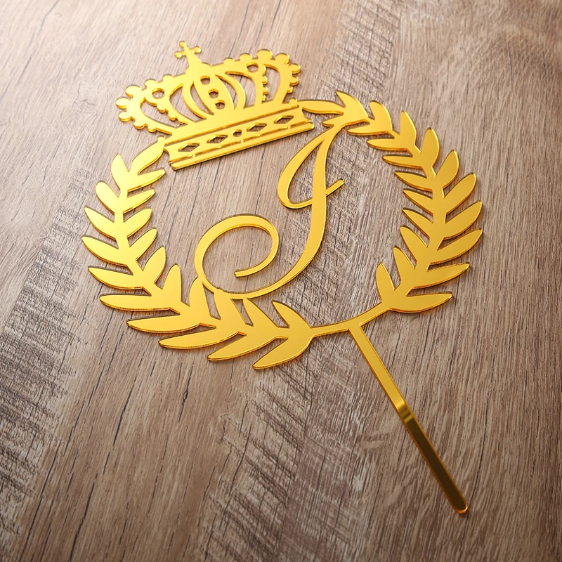 

Leaves Crown Cake Topper , Custom Gold Letter Cake Topper, Personalized Name wedding cake Topper, Crown Initials Cute Toppers