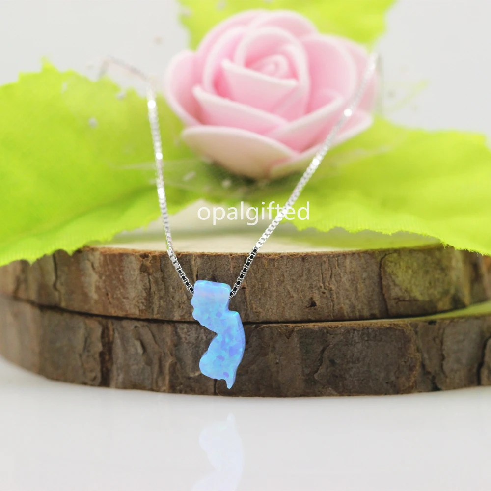 

(1pc/lot)Free shipping Synthetic OP06 light blue Opal Necklace New Jersey Map USA Island pendant Opal Necklace with 925 sterling