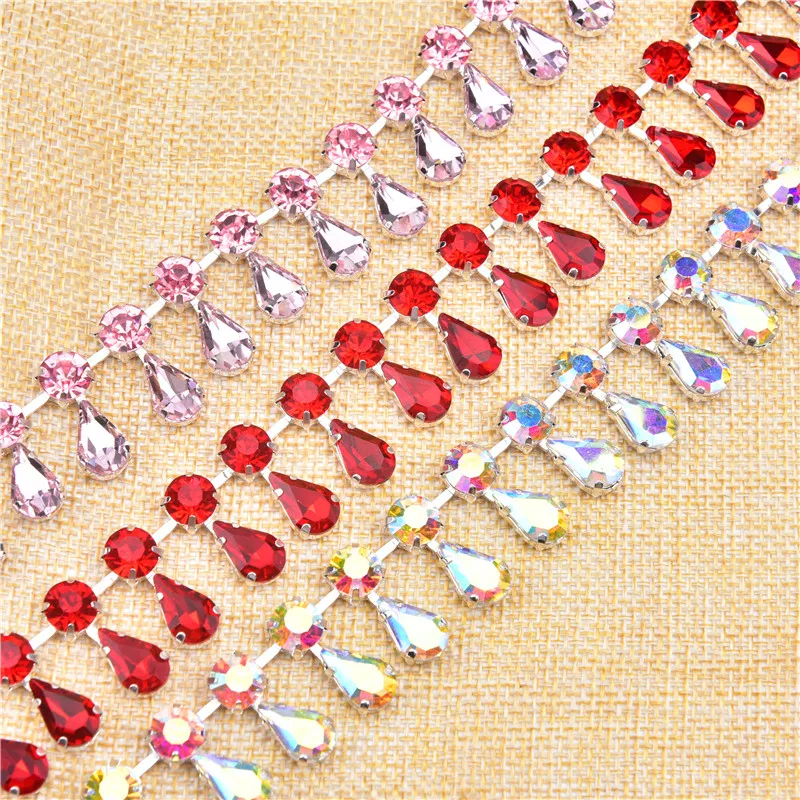 

1yards very luxury AB Crystal Glass Rhinestone tassel trims Sew on Trops gold chain decoration for Bridal dress Clothing Garment