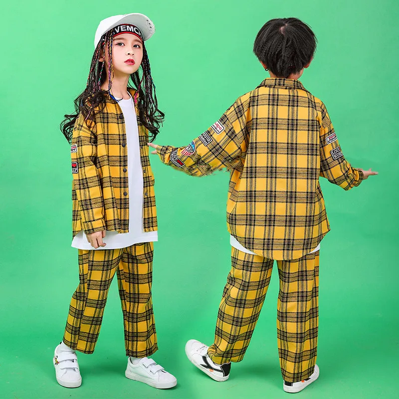 2019 New Children Hip-hop Street Dance Performance Costume Autumn Boys Girls Loose Jazz Dance Show Yellow Plaid Shirt Pants Set (16)