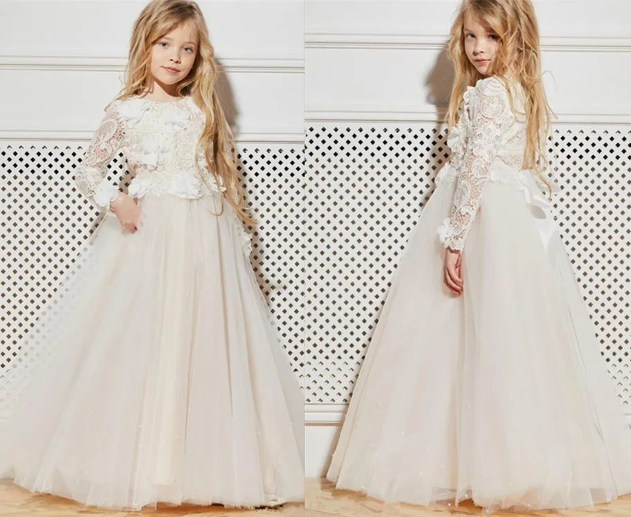 

Cute Flower Girl Dresses Long Sleeves Lace 3D Floral Appliques Tulle Girls Pageant Dresses Birthday Gown Custom Made White Ivory