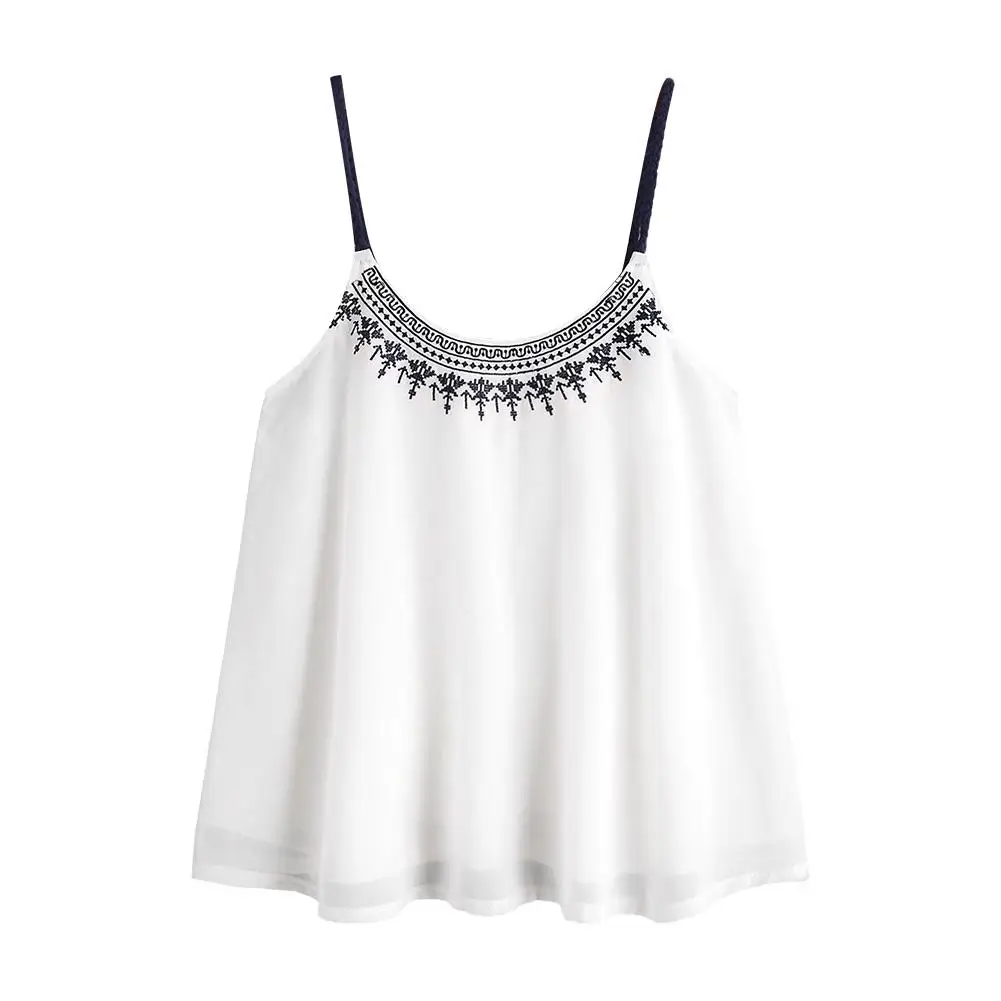 

Fashion Summer Sexy Women Sleeveless Sling Vest Vintage Tops Clothing Embroidered Chiffon Casual Loose Camisole Tank Top Blouse