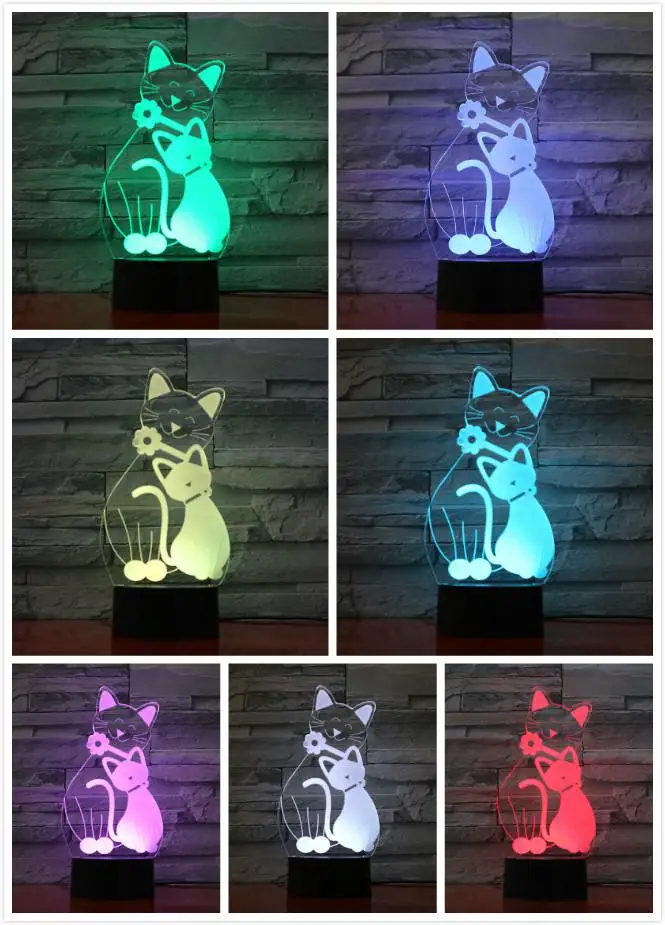 Милое животное кошка светодиодный ночник 3D иллюзия 7 цветов Изменение декоративная лампа Детский комплект дропшиппинг настольная лампа Кот Ромм Декор - Испускаемый цвет: 1