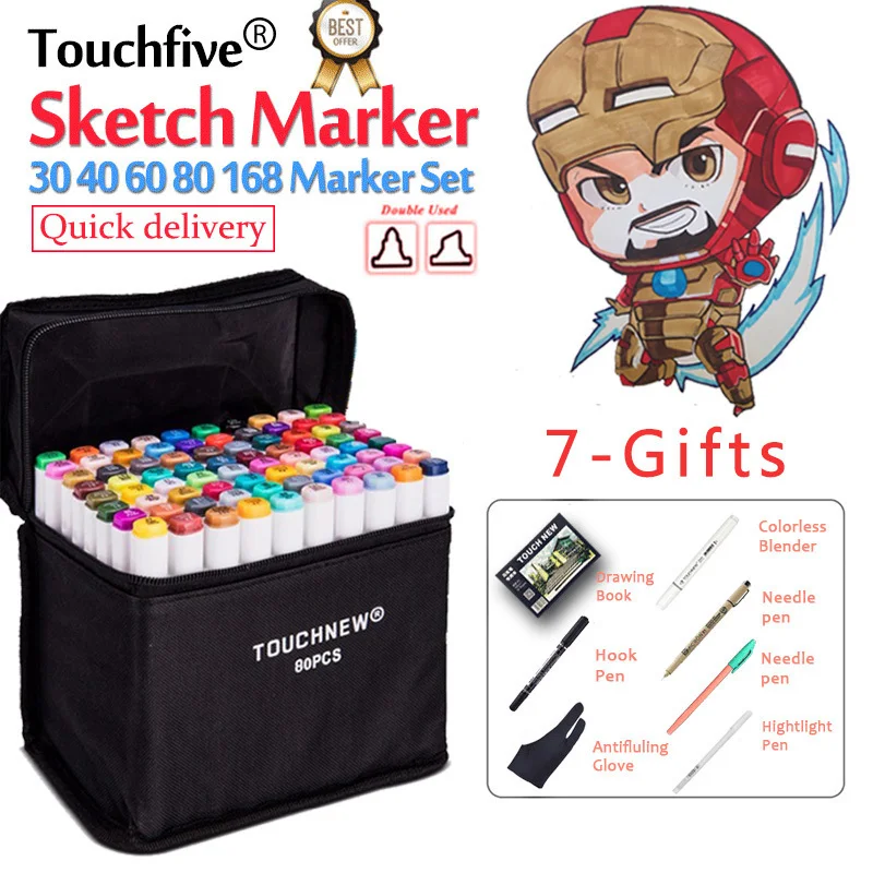 662.31руб. 33% СКИДКА|Touchfive 30 40 60 80 168 цветов двойная головка набор маркеров эскиз маркеры Кисть ручка для рисования манга дизайн товары для рукоделия-in Маркеры для рисования from Офисные и школьные принадлежности on AliExpress 
