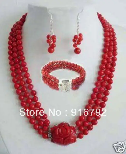 

Wholesale shipping >>>>>natural 3rows 6mm red Sea coral necklace earring bangle
