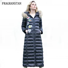 Осень-зима женские толстые Утепленная одежда меховой воротник с капюшоном Подпушка куртка Леди Мода Письмо шаблон патч конструкции X-Длинные парки q213