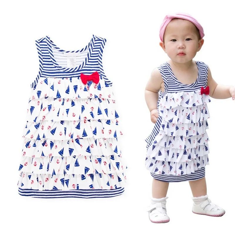 New Arrival Baby Girl Summer Dress Blue Stripe Multilayers Cake Dress