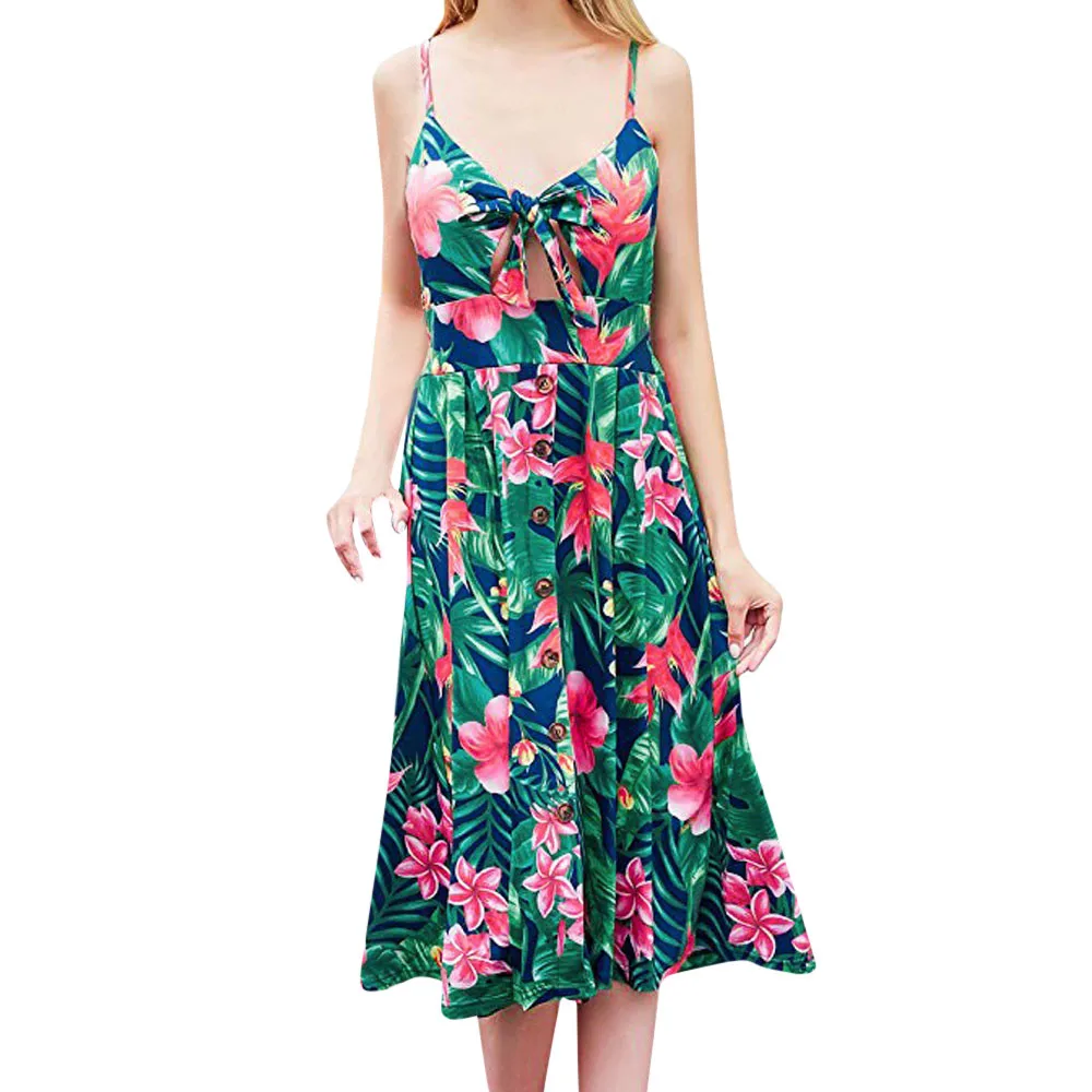 

Womail Women Bohemian Backless Printing V-Neck Sleeveless Green Dress Summer Beach Dress Mujeres Vestido wholesale 39.JUly.5