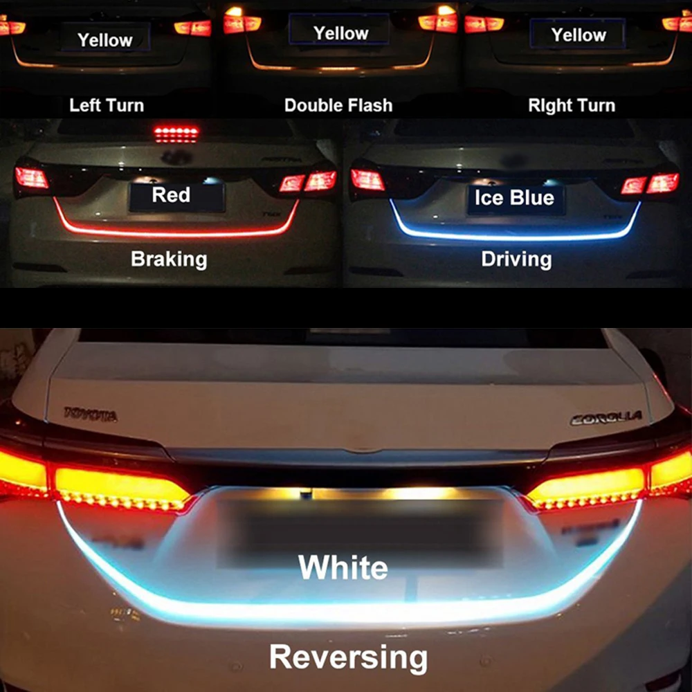 120cm 150cm Ice Blue Red Yellow White LED Strip Rear Trunk Tail Light Dynamic Streamer Brake Turn Signal Reverse Warning Lights (1)