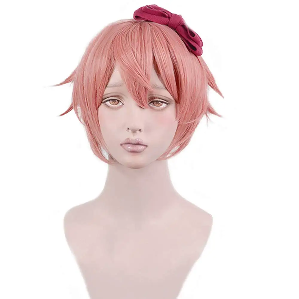 Doki Doki Literature Club Sayori Short Peach Pink Cos Wig Heat Resistant Hair Cosplay Costume Wigs+ Bow Hairpin