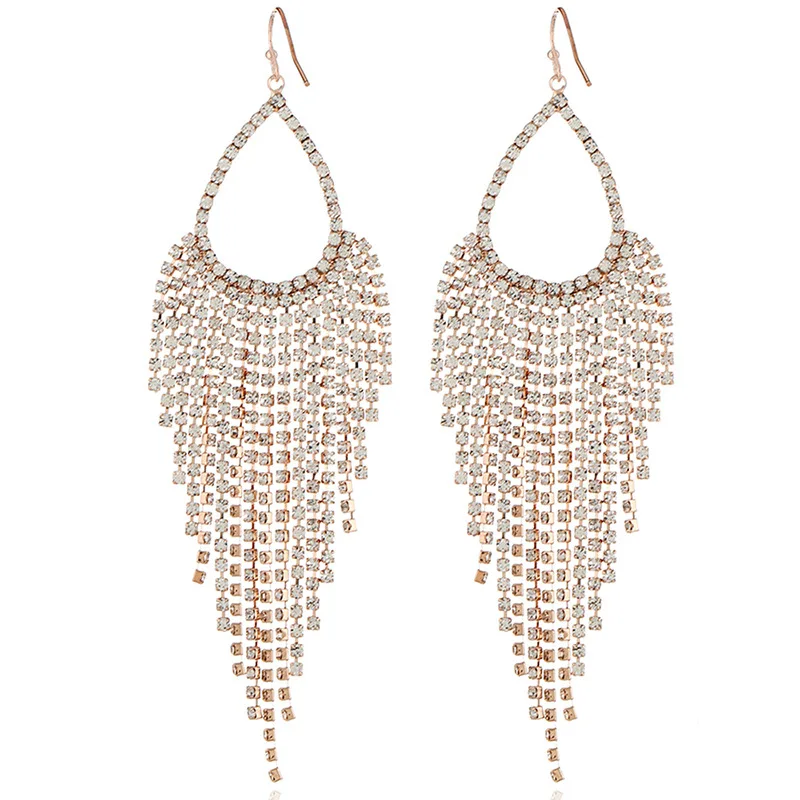 

High-end Luxury Waterdrop Shape Earrings New Style Personality Geometric Large Circle Full Drill Chain Tassel Crystal Earrings