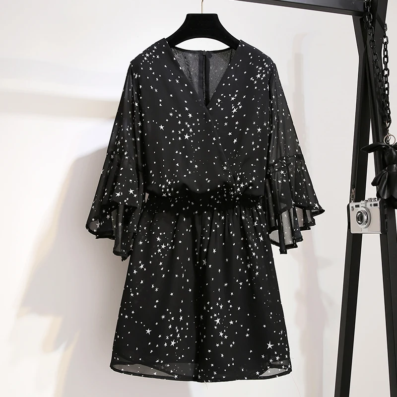 4XL 5XL Plus Size Woman Short Jumpsuits Star Print V-neck Casual Rompers High Waist Wide Leg Trousers Chiffon Playsuit | Женская одежда