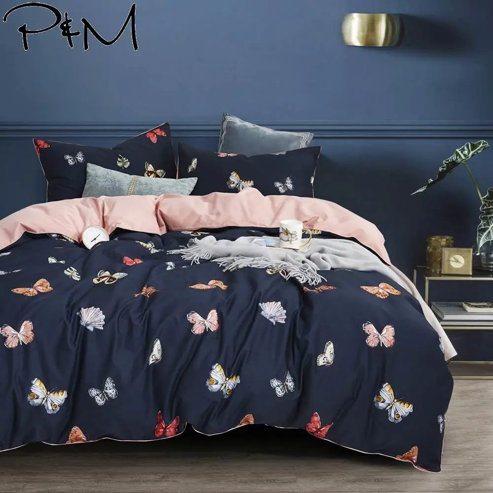 

2019 Fashion Black Grey Butterfly Brief Bedding Set Queen King Size Bedlinens Flat Sheet Egyptian Cotton Duvet Cover Set