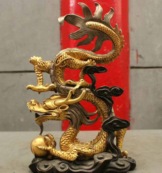 

004285 Folk Chinese Pure Bronze 24K Gold Silver Fly Dragon Play Ball Bead Royal statue