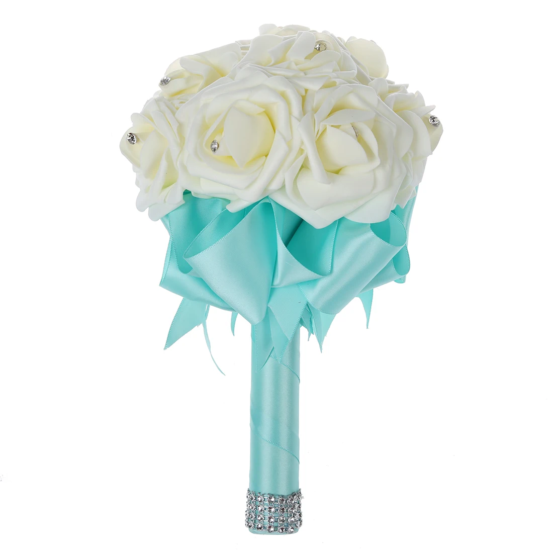 

Boutique Beautiful Wedding Bouquet Bridal Bridesmaid Flower artificial flower rose white bridal bouquets-Turquoise Ribbon