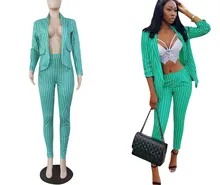Buy New 2018 Autumn Women Notched Neck Two Piece Suits Safari Style Elegant Striped Blazers Pants Sets Long Sleeve Office Outfits Free Shipping